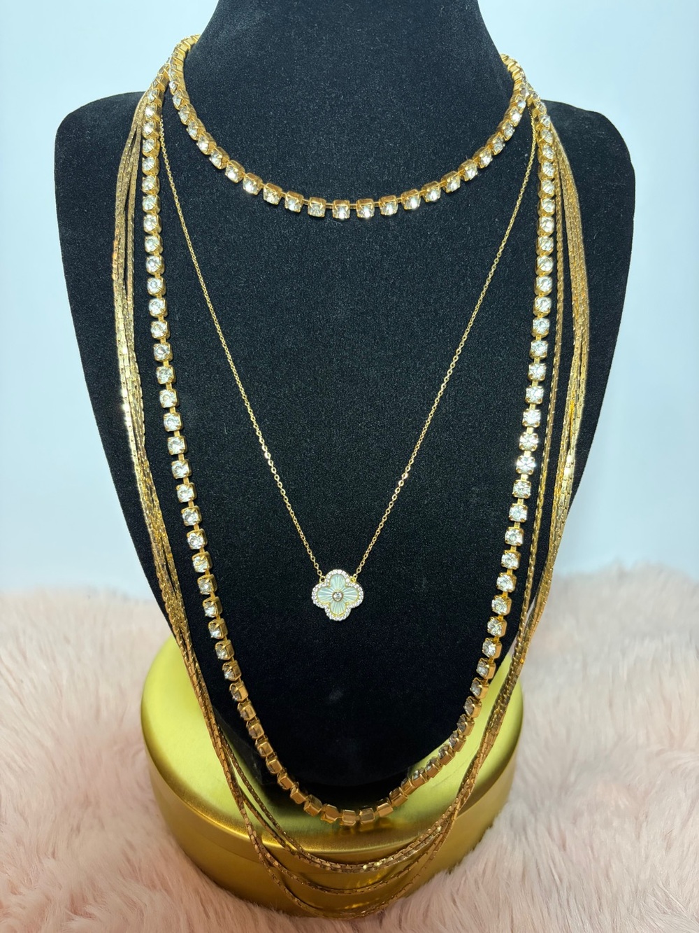 Gold Tone Layered Necklace Set with Crystal Accents - Picture 1 of 2